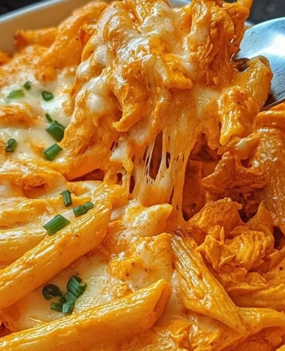 Creamy Buffalo Chicken Pasta Bake served in a dish