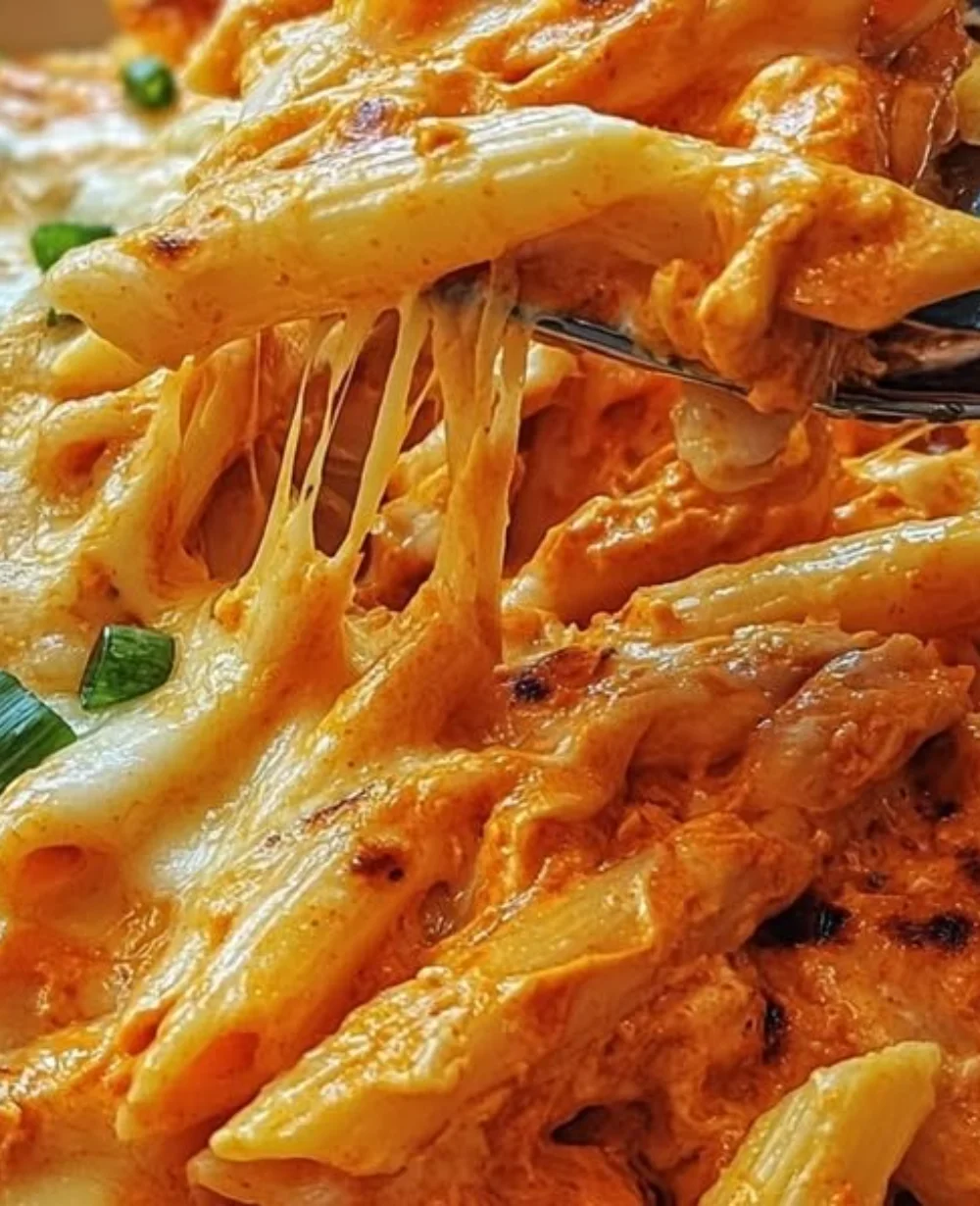Creamy buffalo chicken pasta bake served in a dish, featuring chicken and pasta