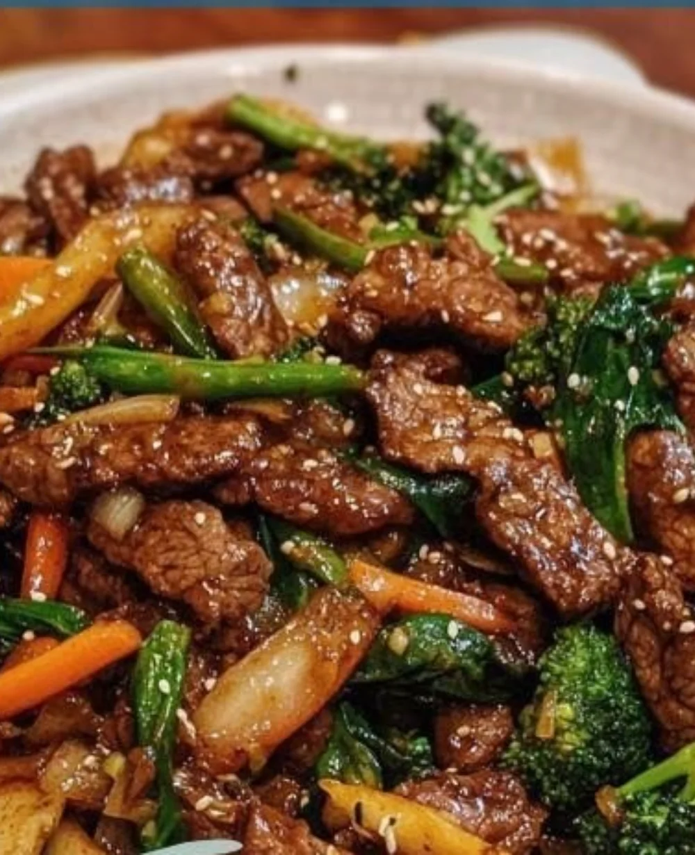 Delicious Asian Sweet Ginger Beef Stir Fry served in a bowl with colorful vegetables.