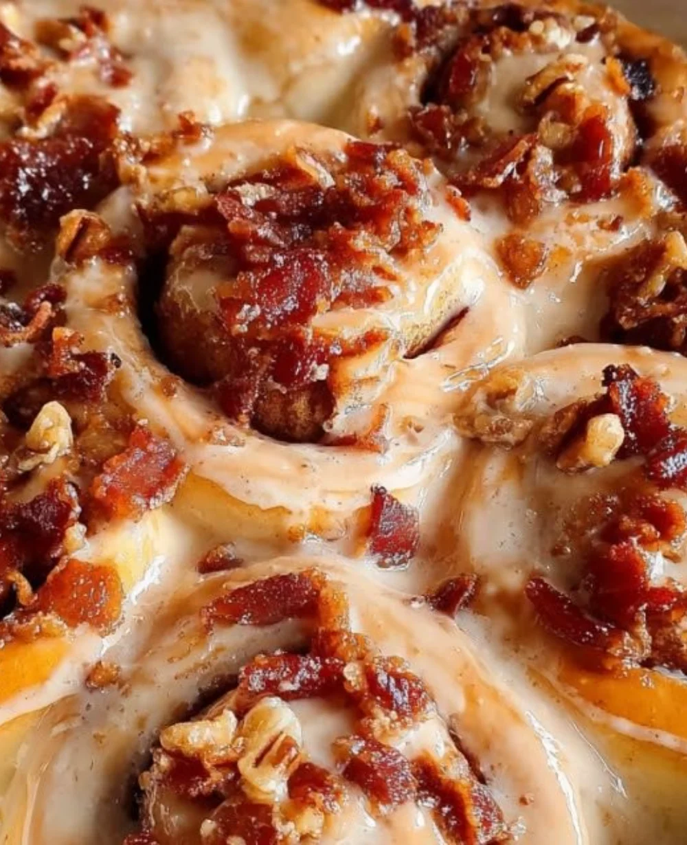 Delicious bacon maple cinnamon rolls topped with creamy frosting
