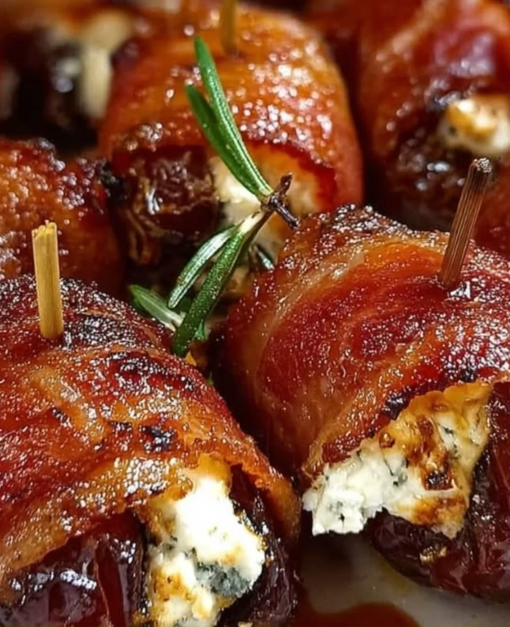 Delicious bacon wrapped dates stuffed with goat cheese and drizzled with honey