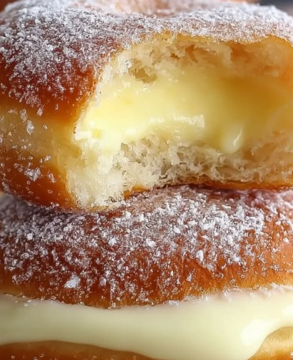 Bavarian Cream Donuts with fluffy dough and velvet custard filling on a plate