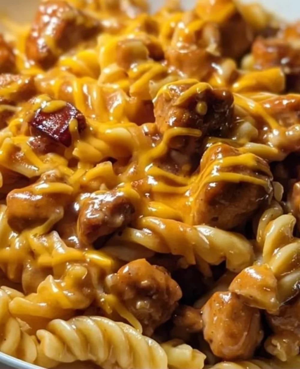 BBQ Ranch Chicken and Sausage Pasta dish ready to serve.