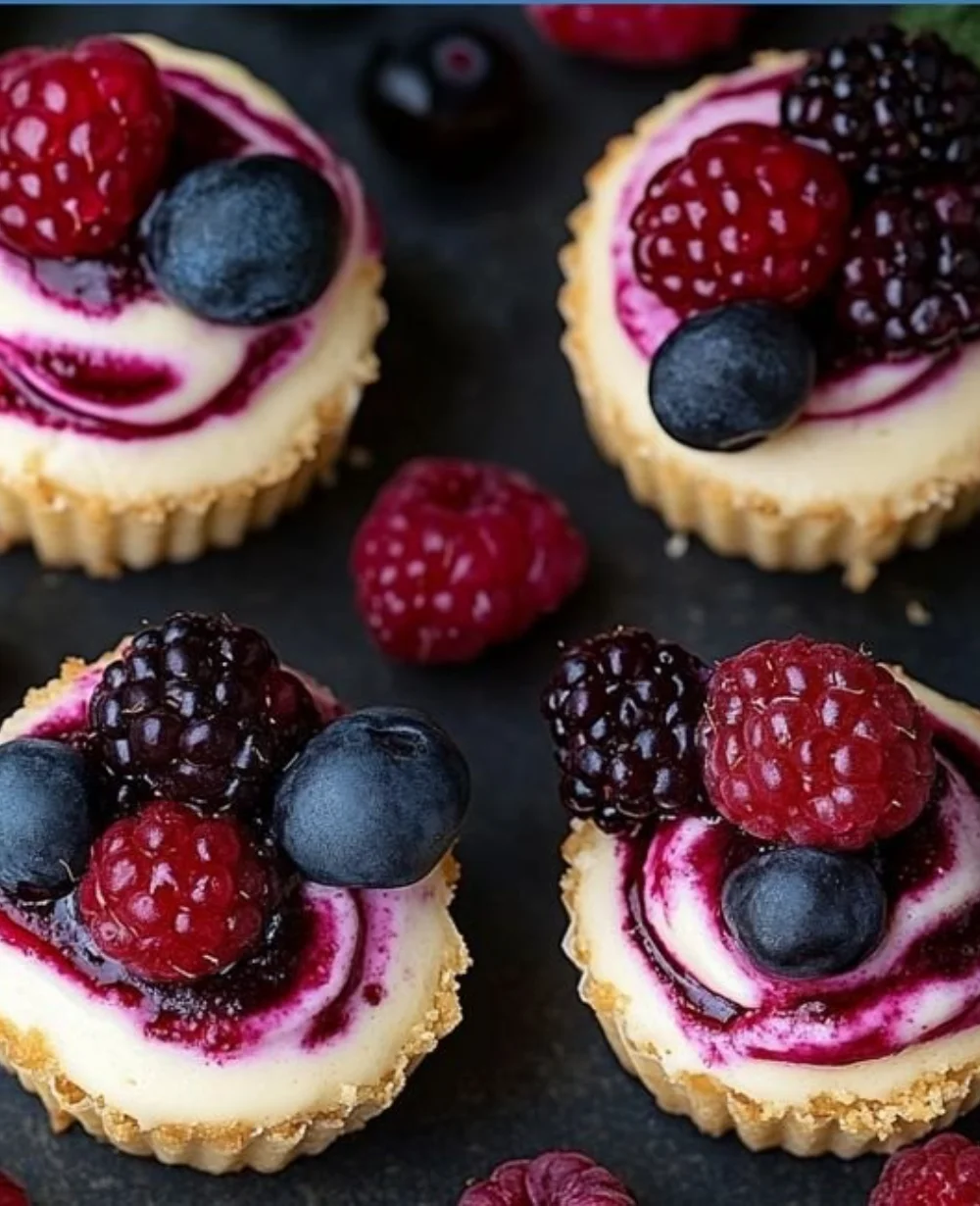 Berry swirl cheesecake bites topped with fresh berries and drizzled with sauce.