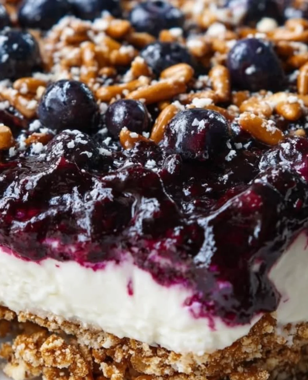 Delicious Blueberry Pretzel Salad with a crunchy pretzel crust and creamy blueberry filling