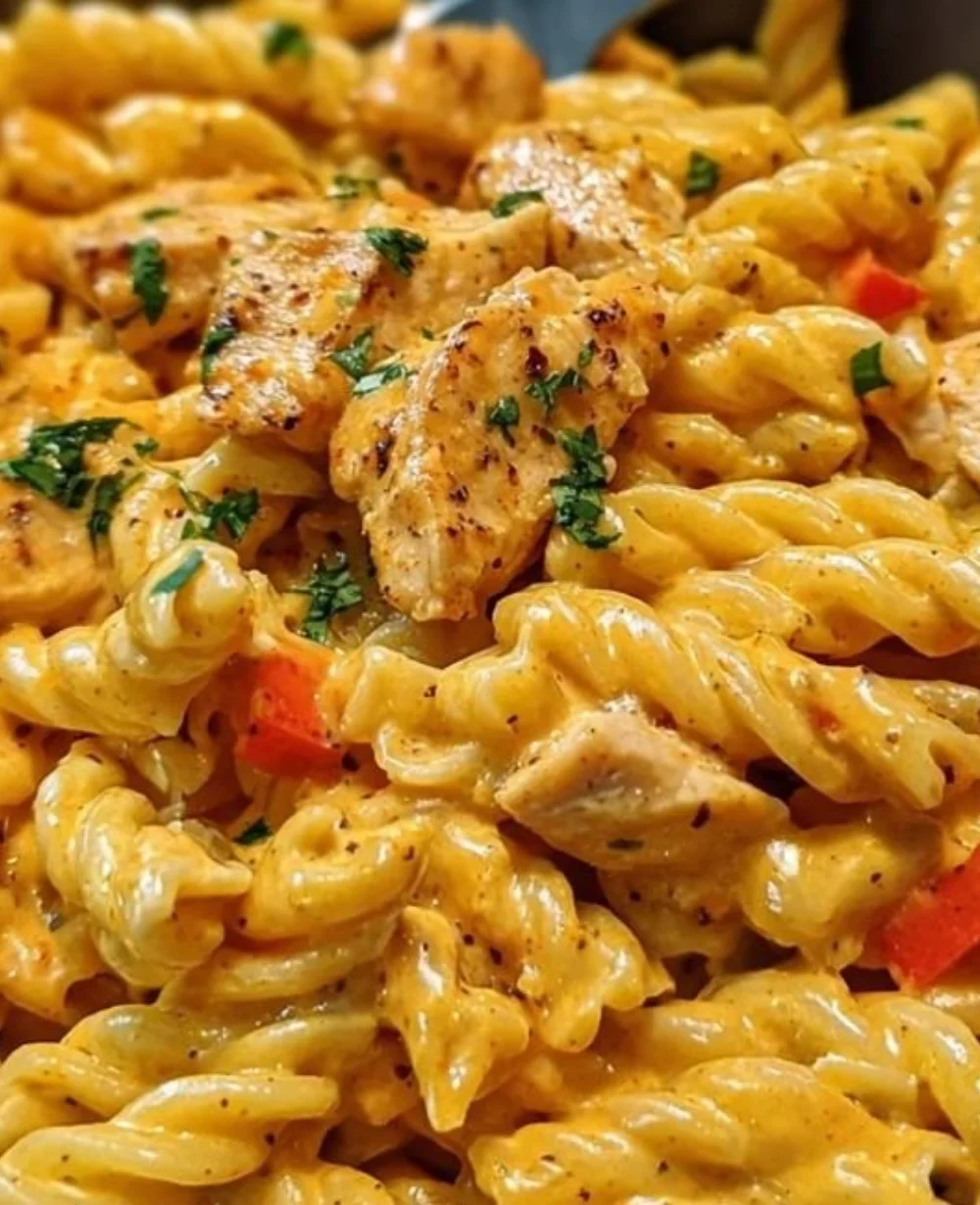 Plate of Bold Cajun Ranch Chicken Pasta with vibrant vegetables and spices.