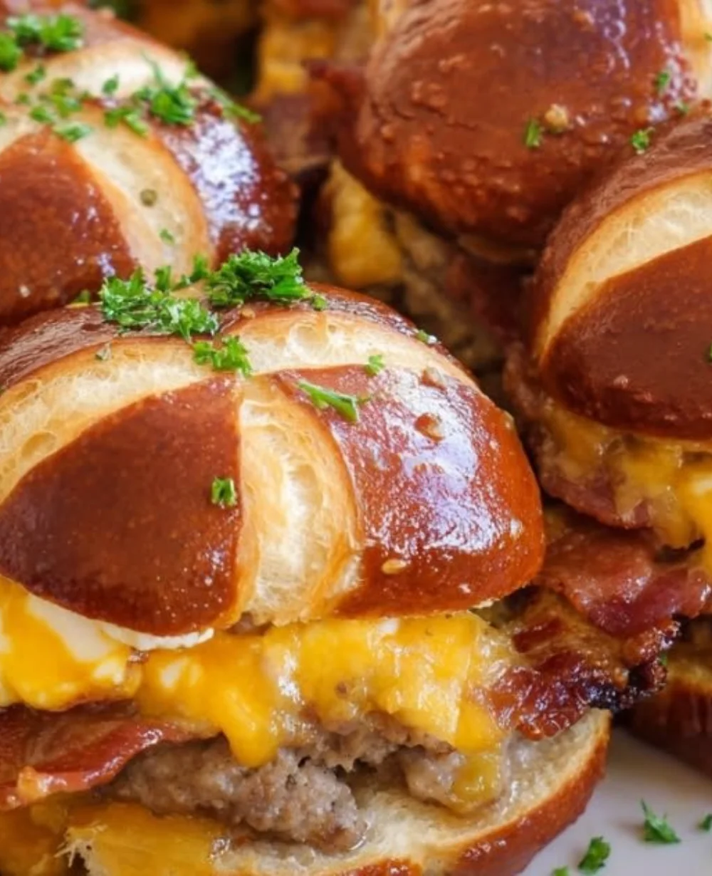 Chewy breakfast sliders on pretzel buns served with toppings.