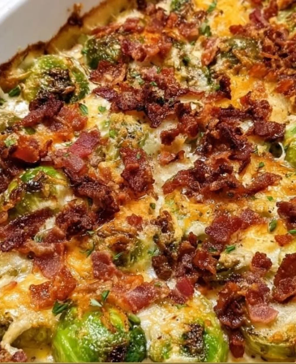 A delicious Brussels Sprouts Casserole topped with cheese and breadcrumbs, served in a baking dish.