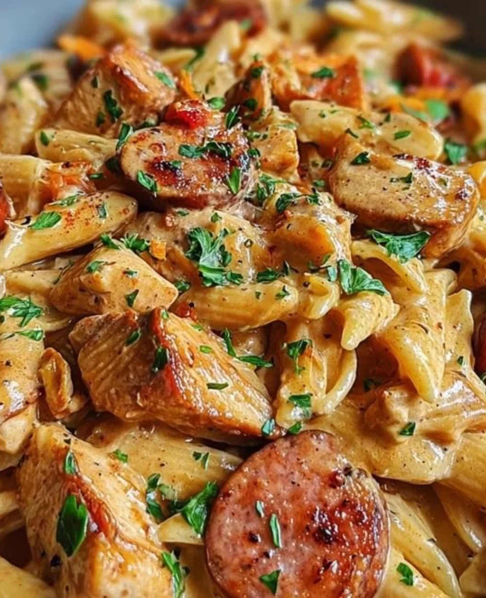 A plate of spicy Cajun Chicken Pasta with sausage and vegetables, garnished.