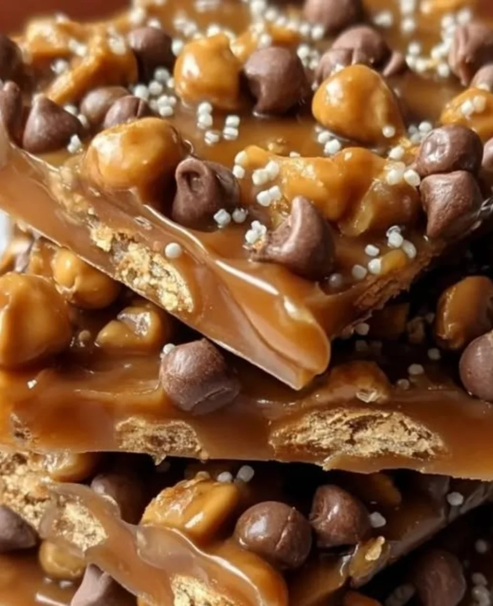 Caramel Butterscotch and Chocolate Chip Crunch candy bark on a plate