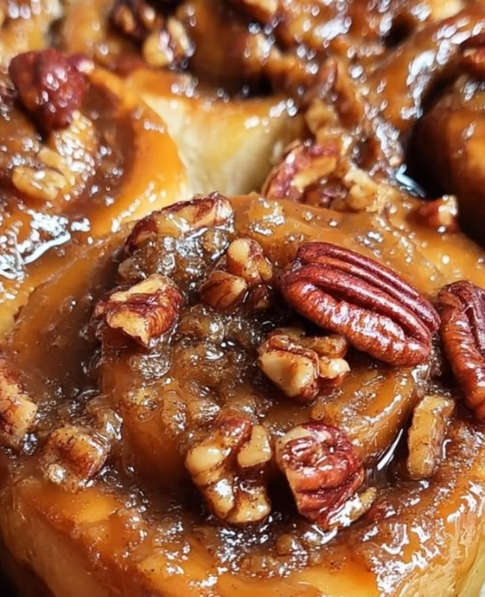 Freshly baked caramel pecan cinnamon rolls topped with creamy icing.