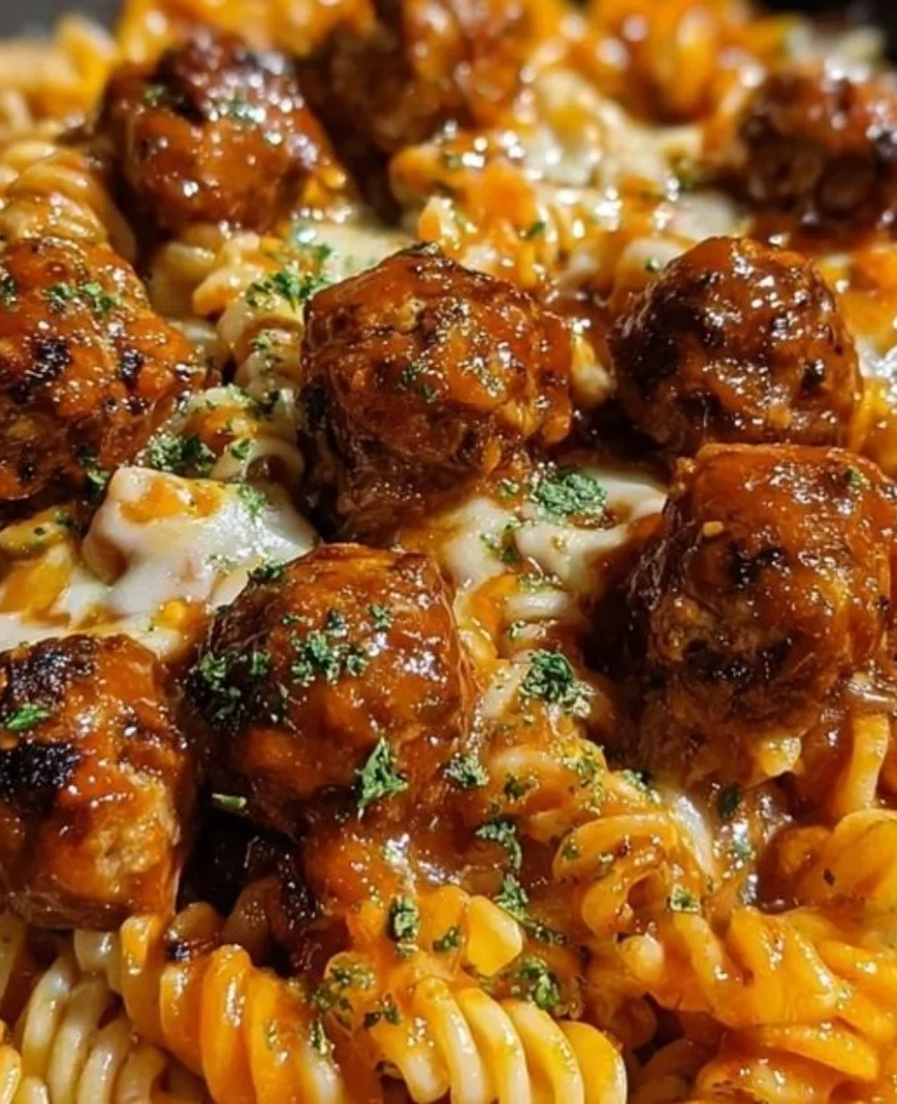 Cheesy one-pan honey BBQ meatball pasta topped with melted cheese.