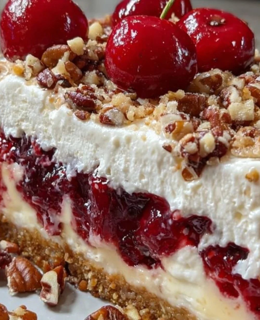 No-bake Cherry Pecan Cheesecake Lush dessert with layers of cherries and pecans