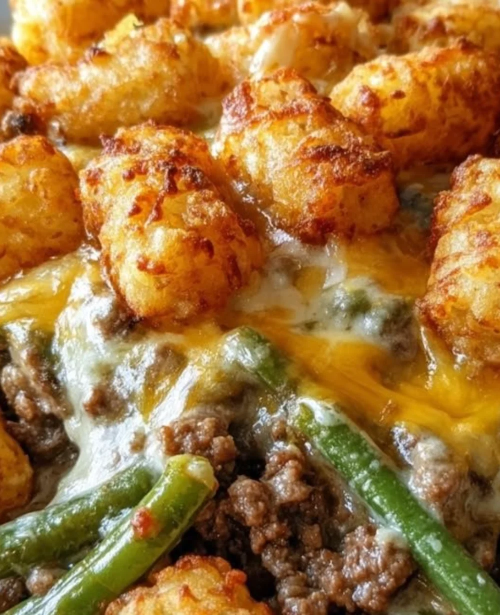 Delicious Tater Tot Hamburger Green Bean Casserole ready to serve.