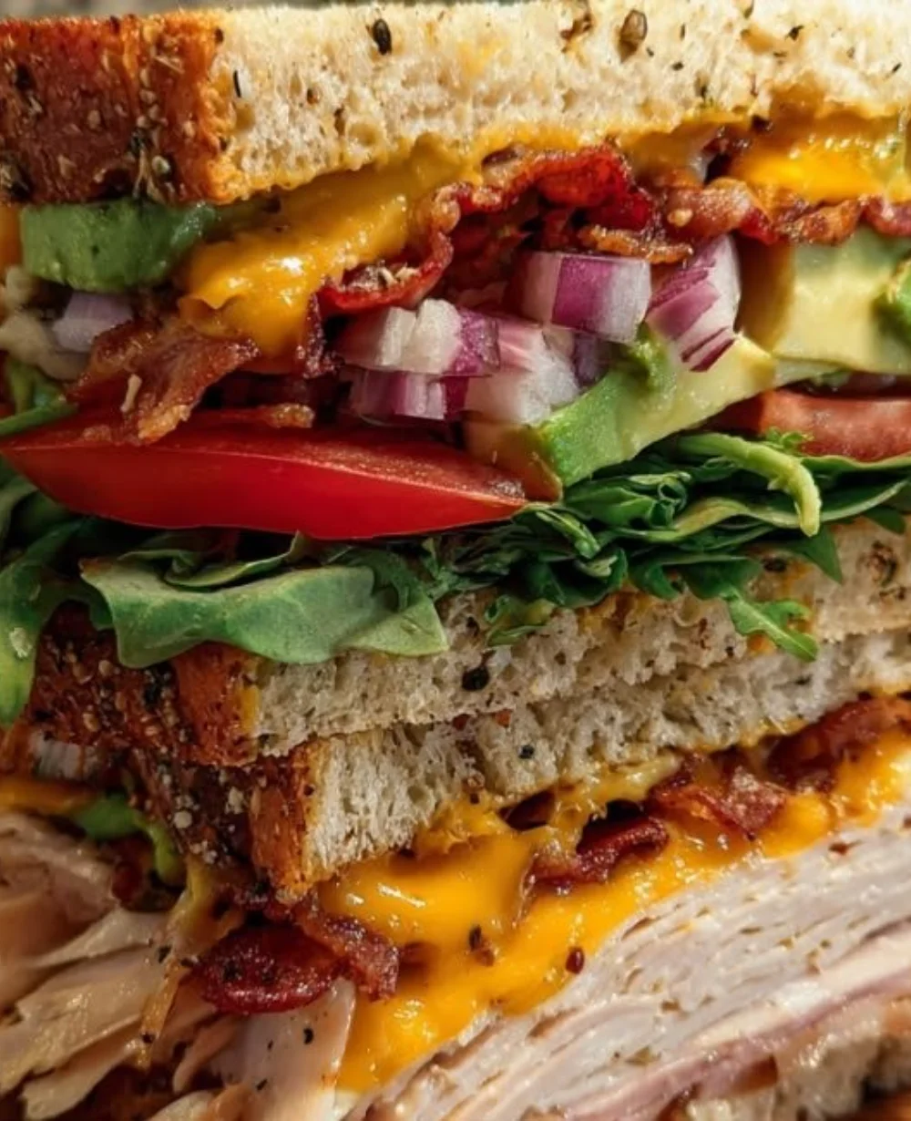 Cowboy Club Sandwich featuring smoky bacon, creamy avocado, and fresh vegetables