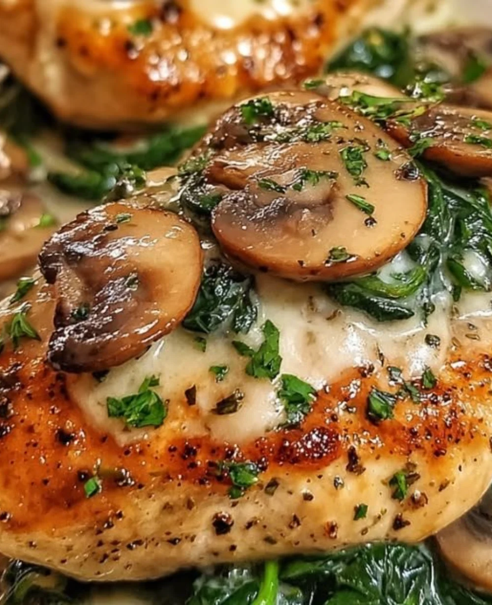 Cozy chicken bake with spinach and mushrooms for a comforting weeknight meal