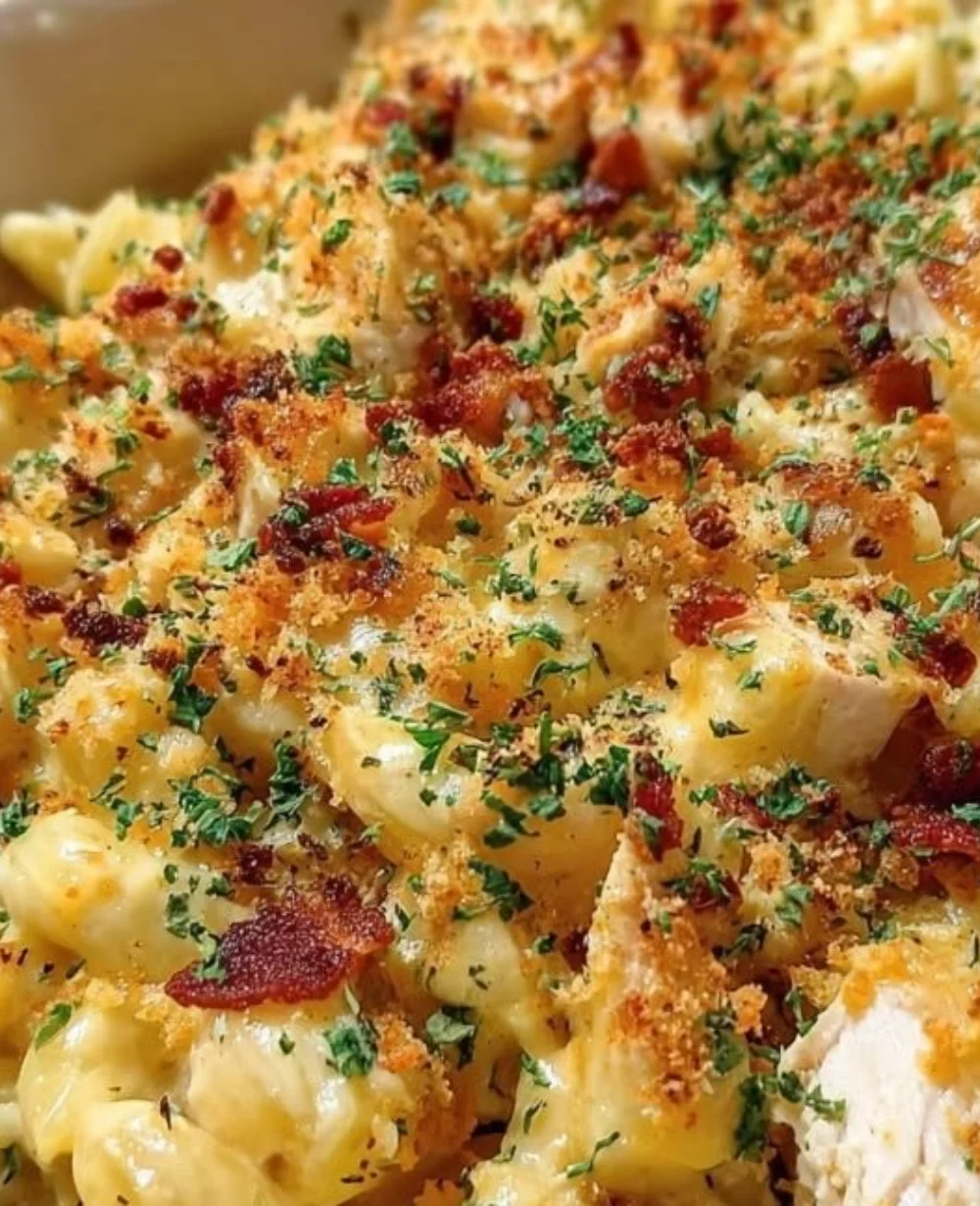 Creamy Crack Chicken Mac and Cheese served with crispy toppings in a bowl