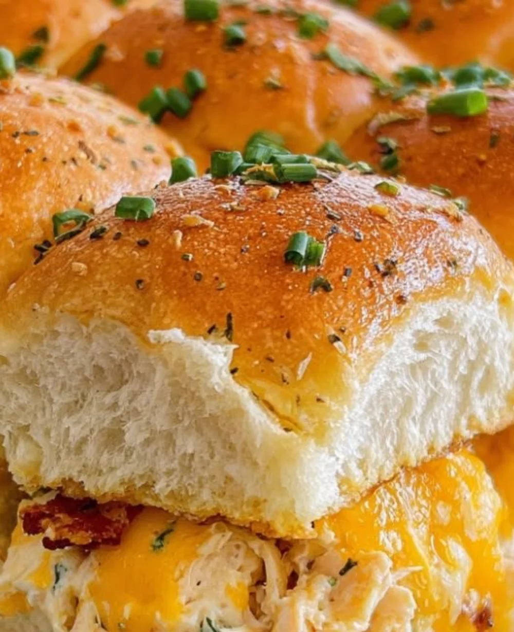 Delicious Crack Chicken Sliders with creamy ranch and bacon on a platter