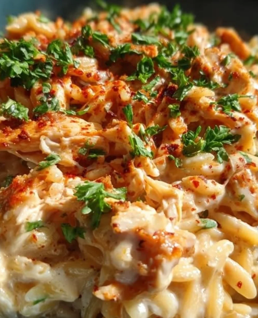 Creamy BBQ ranch chicken with white cheddar and orzo in a cozy one-pot dish