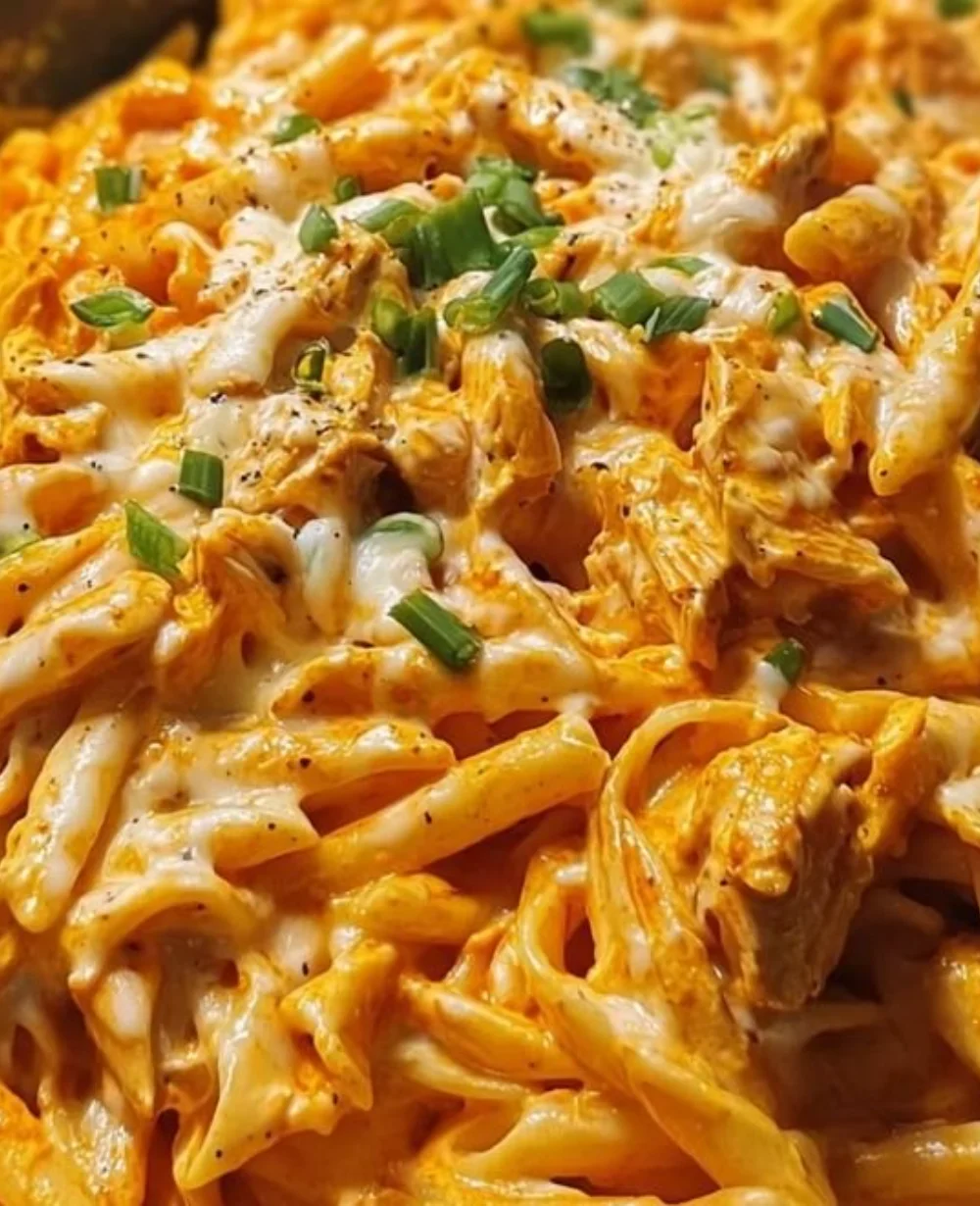 Creamy buffalo chicken pasta served in a cozy bowl with fresh herbs.