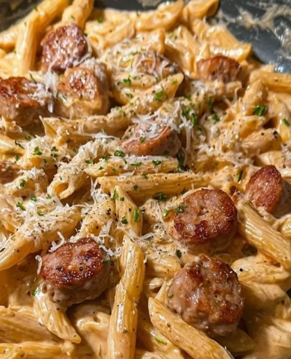 Creamy honey garlic sausage pasta served in a bowl, garnished with herbs.
