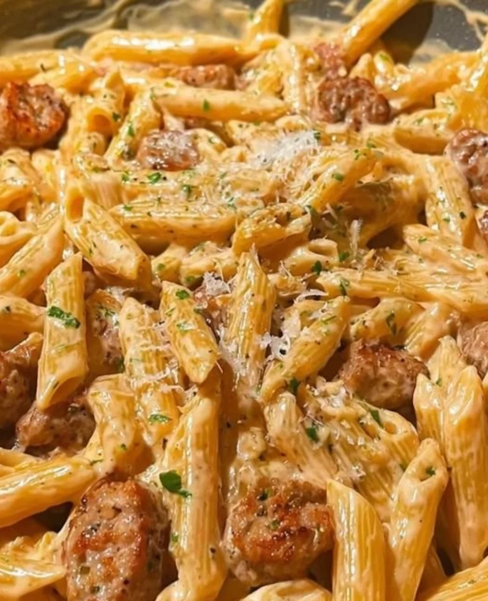 Delicious creamy honey garlic sausage pasta topped with herbs and cheese