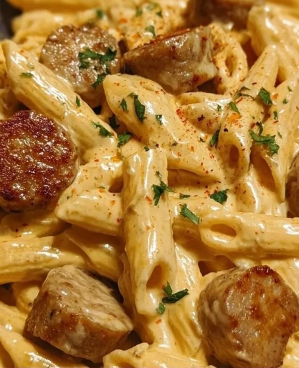 Creamy Cajun garlic butter sausage pasta served in a bowl, garnished with parsley.