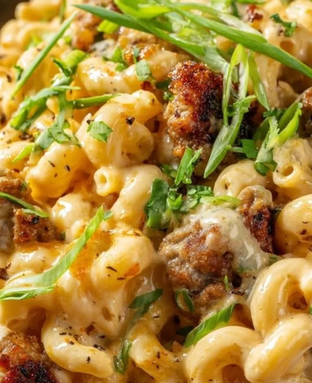 Creamy Buffalo Honey Garlic Sausage Mac served in a bowl with herbs