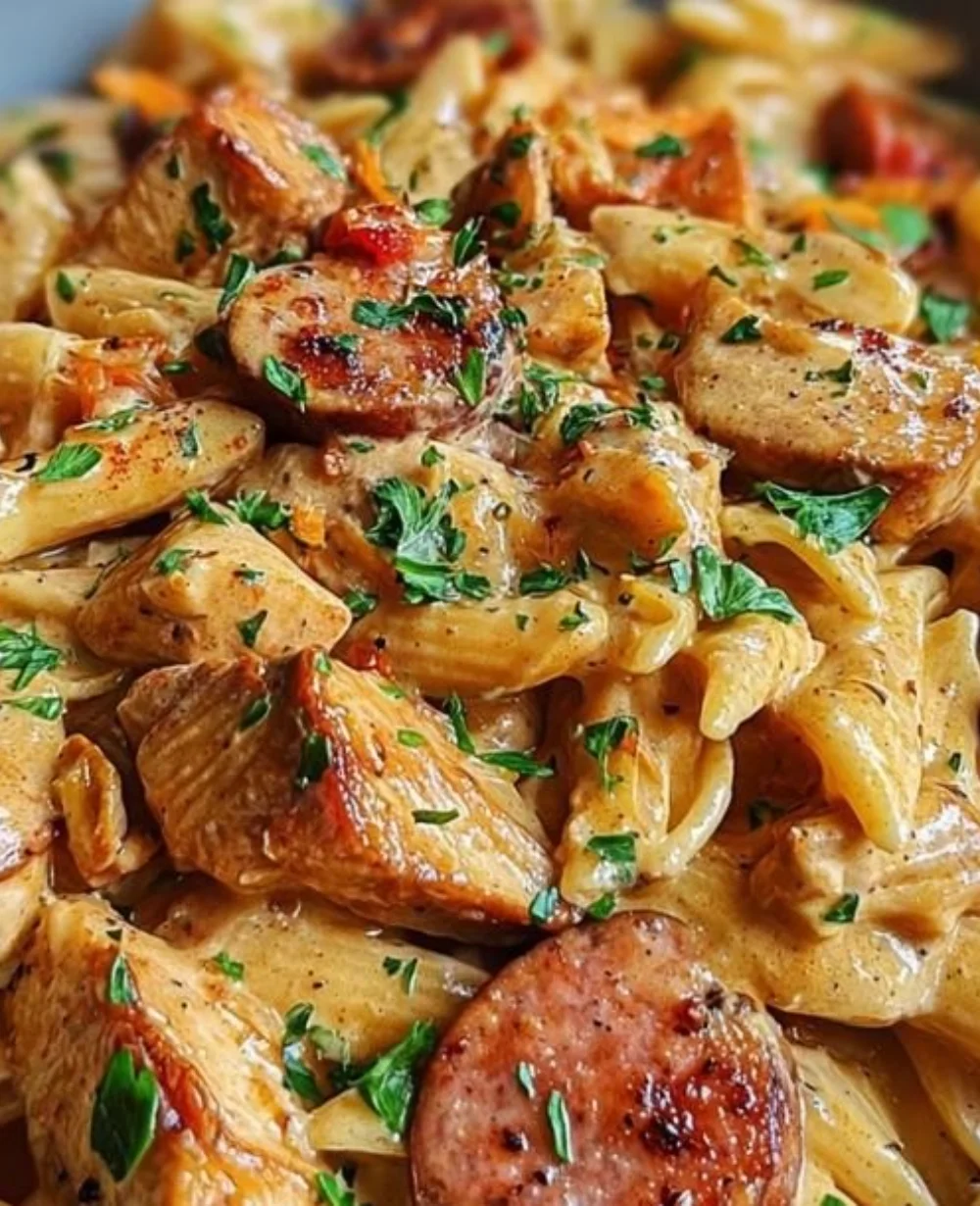 Creamy Cajun chicken and sausage pasta served in a bowl, garnished with herbs.