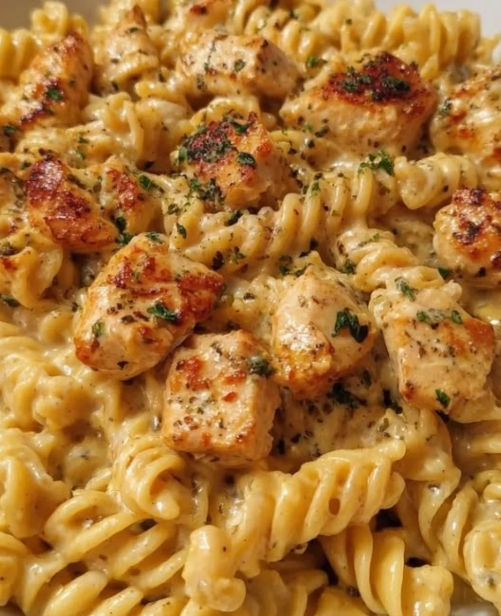 Creamy cheesy chicken pasta skillet in a cozy one-pot meal for families