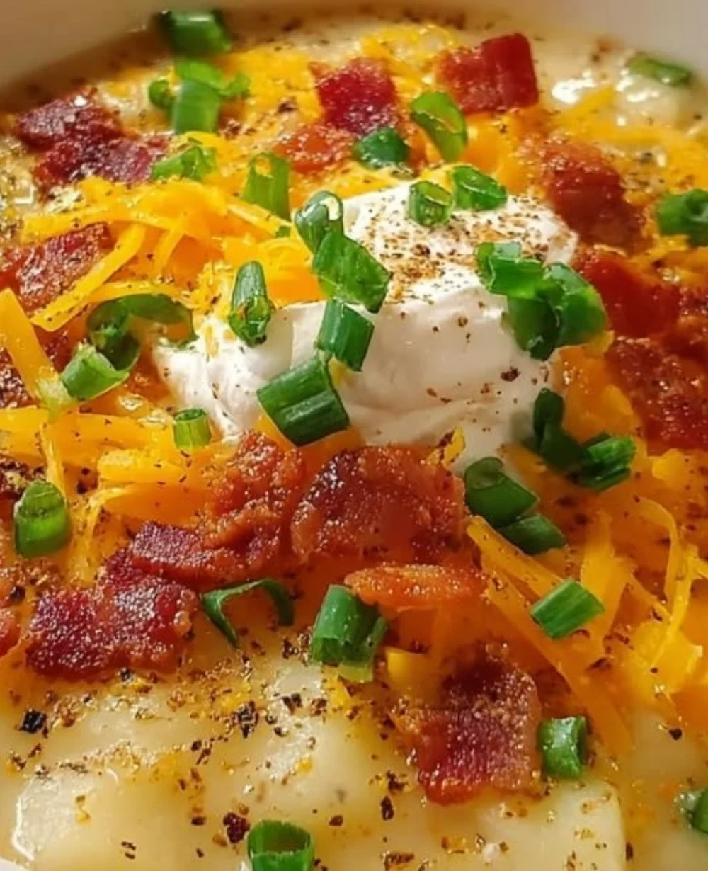 Bowl of creamy baked potato soup topped with green onions and bacon bits.