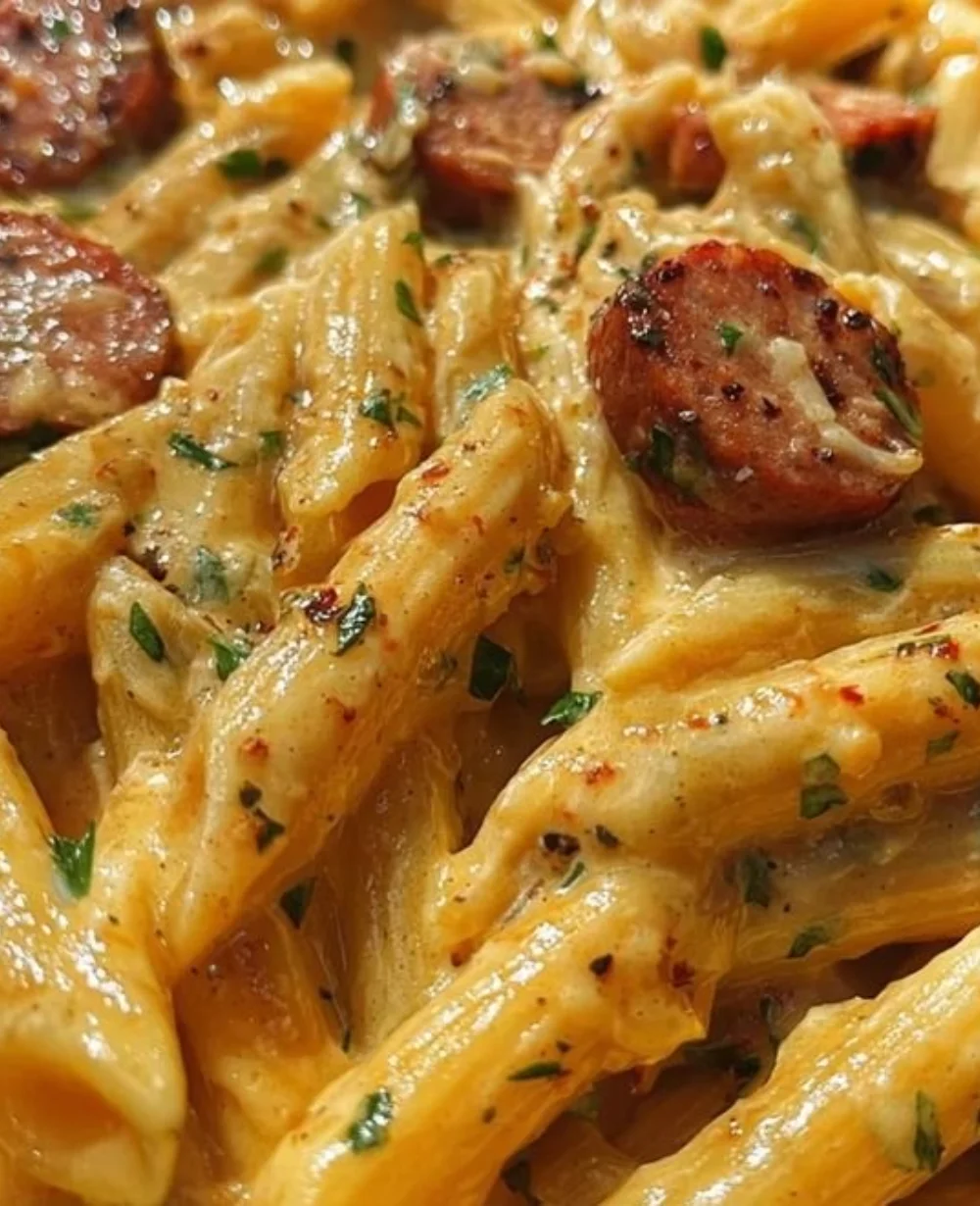 Creamy garlic butter Cajun sausage penne served in a skillet
