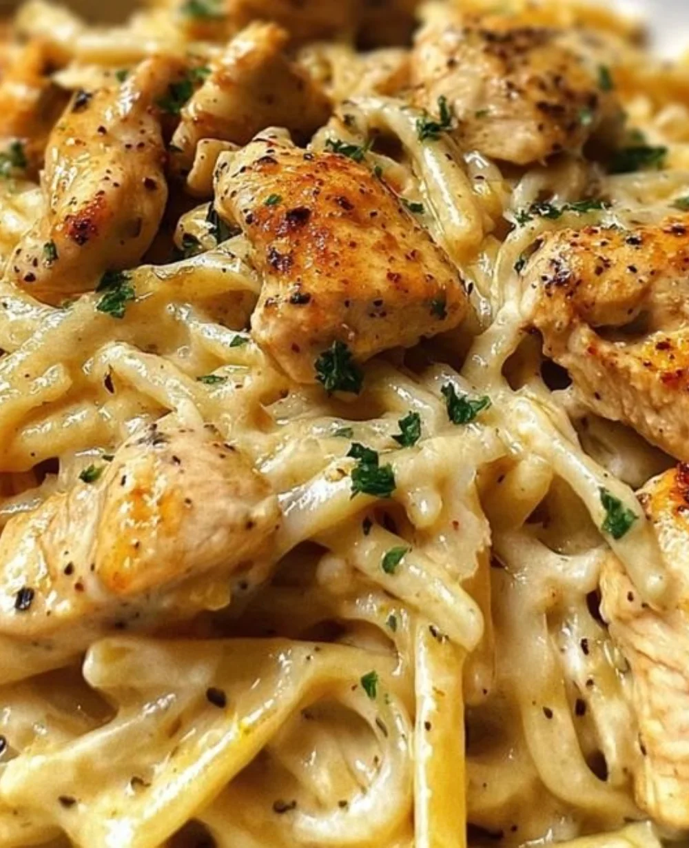 Creamy pasta with chicken in a delicious sauce topped with fresh herbs