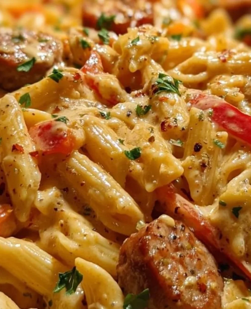 Creamy Pepper Jack Cajun Sausage Pasta with fresh herbs and spices