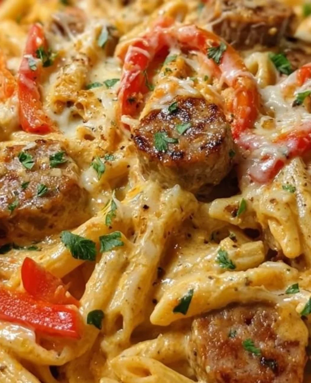 Creamy pepper jack Cajun sausage pasta in a skillet, garnished with herbs.