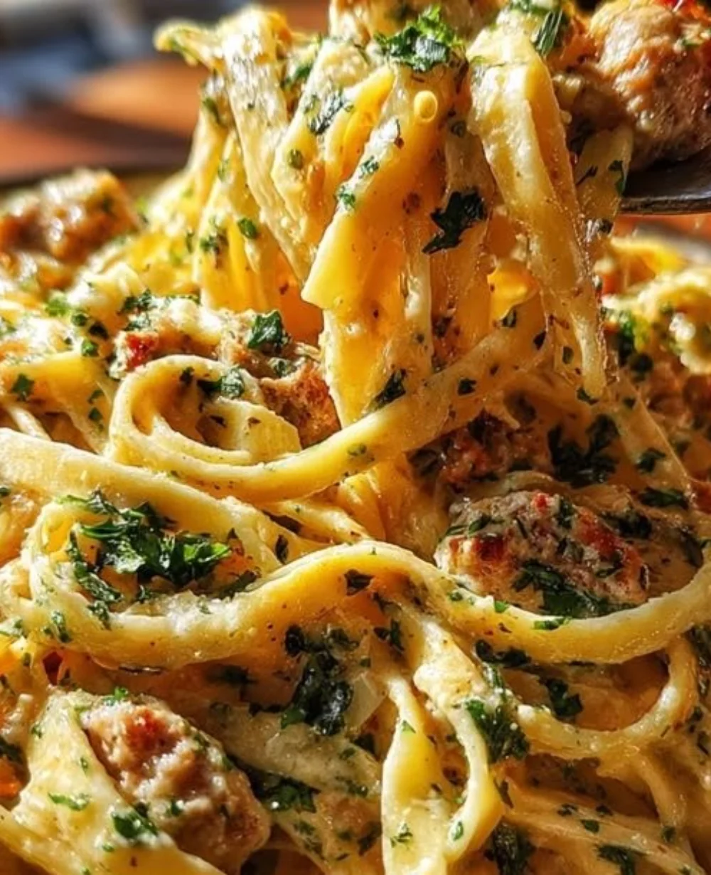 Creamy Pepper Jack Sausage Alfredo pasta dish garnished with herbs.