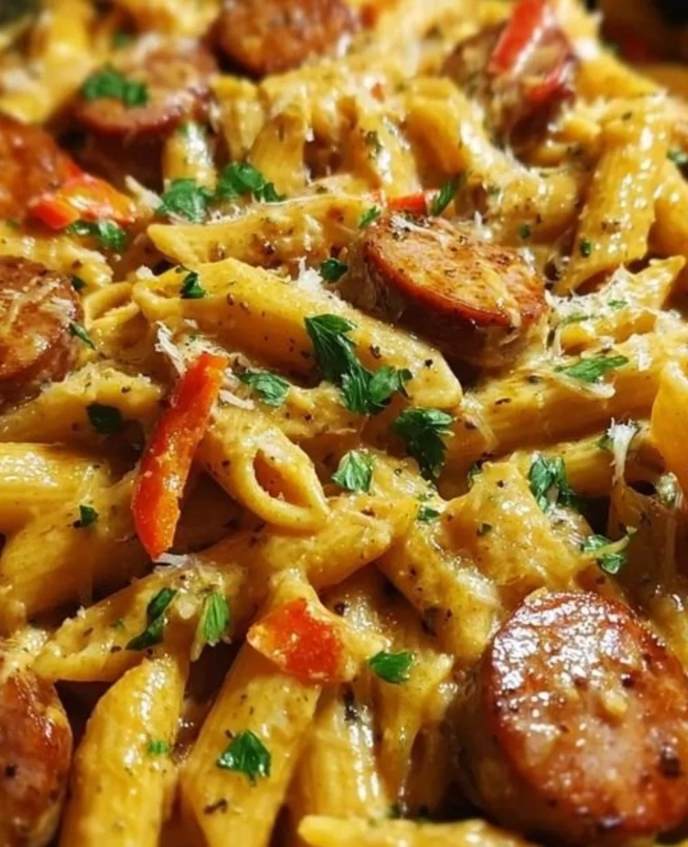 Creamy Cajun sausage penne dish with a smoky flavor, perfect for weeknight dinners.