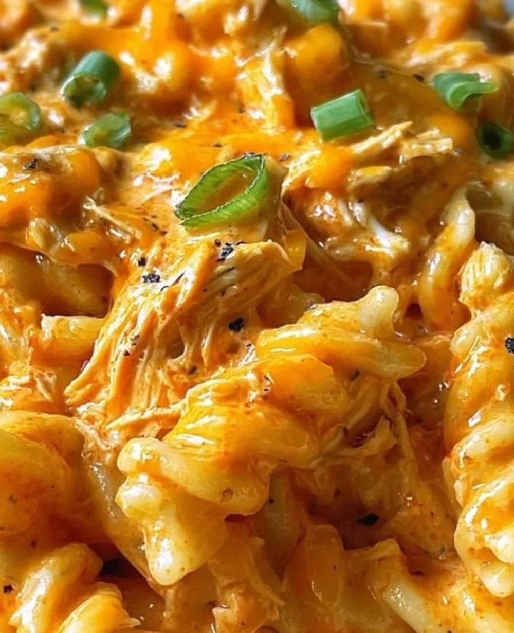Creamy Spicy Buffalo Ranch Pasta topped with herbs and served in a bowl