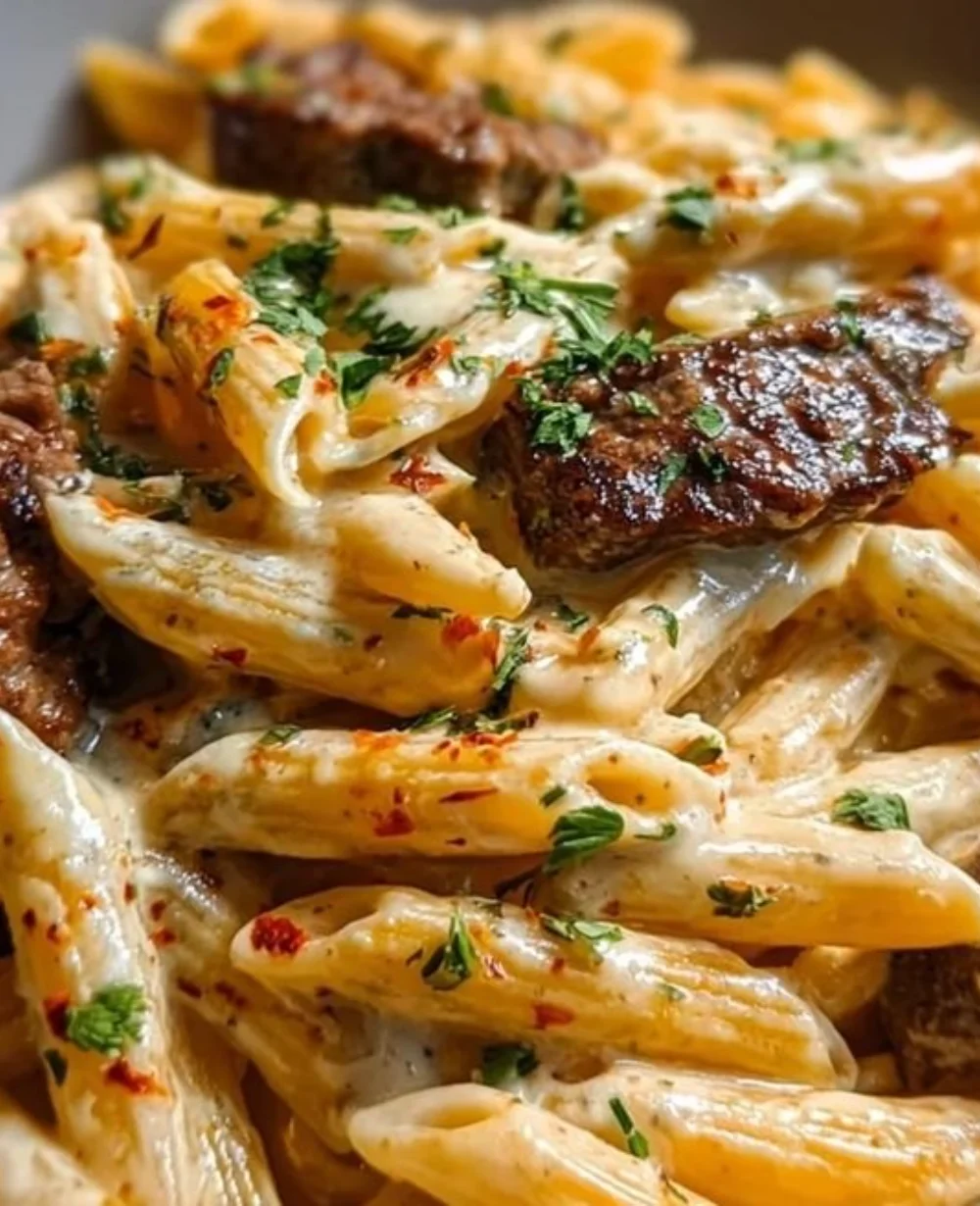 Creamy white cheddar cajun steak penne with fresh herbs and spices