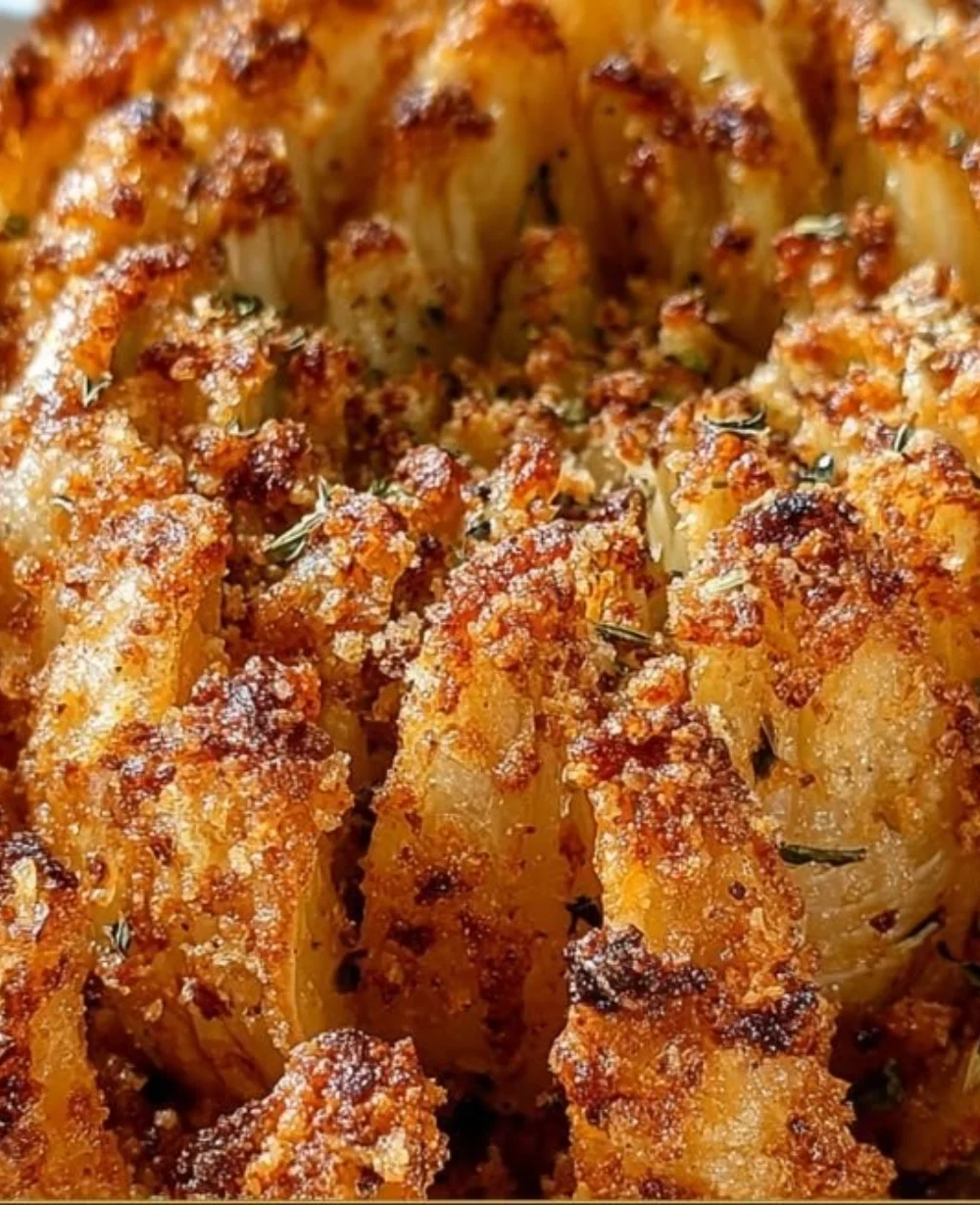 Crispy air fryer blooming onion with a golden exterior and vibrant layers