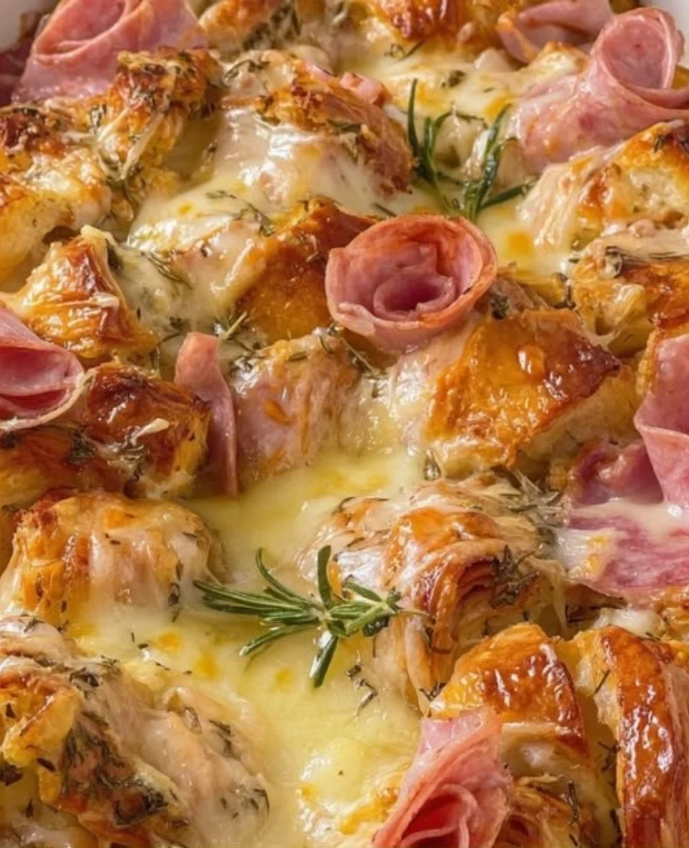 Delicious croissant casserole bake breakfast served warm on a table