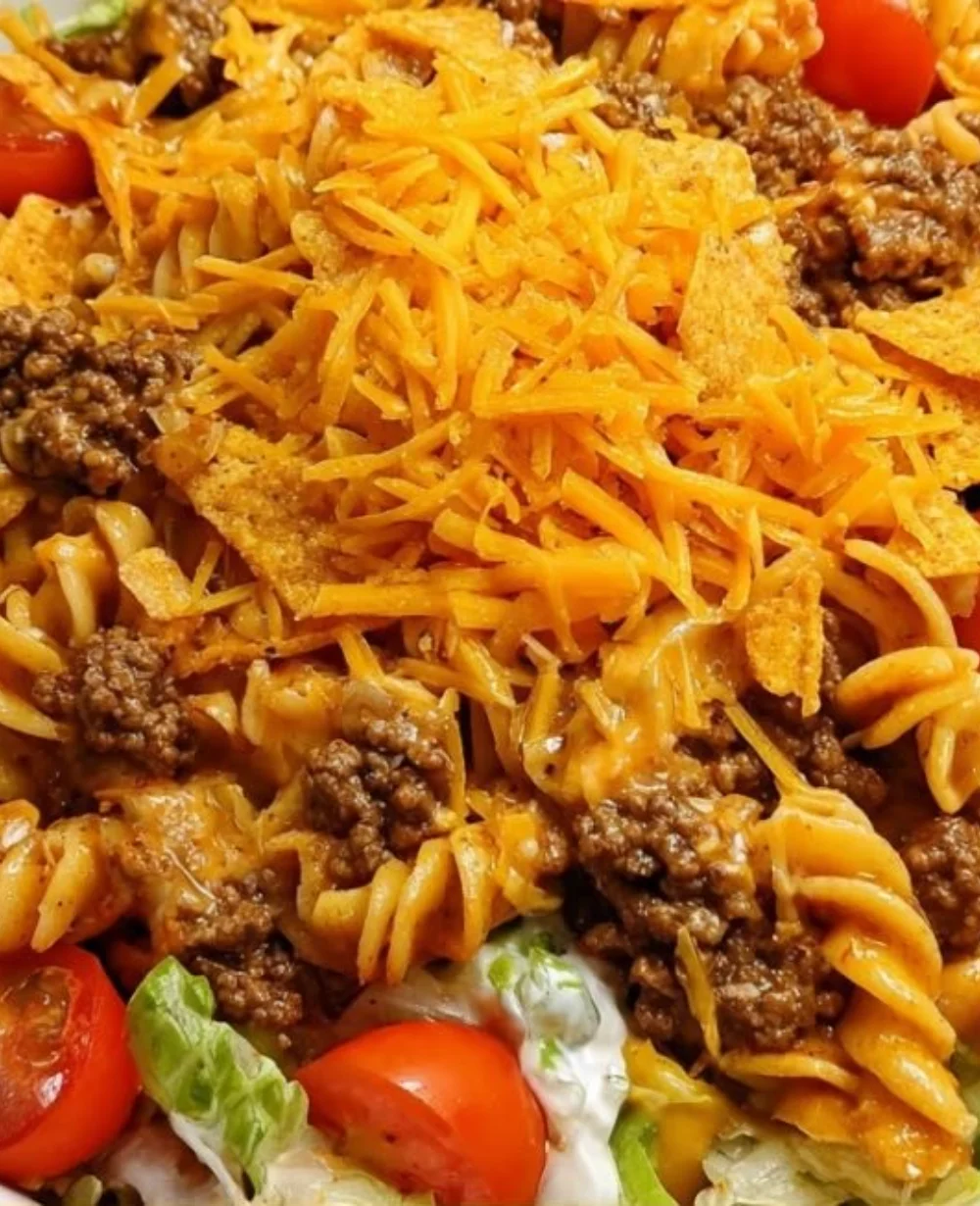 Colorful Doritos Locos Taco Pasta Salad served in a bowl