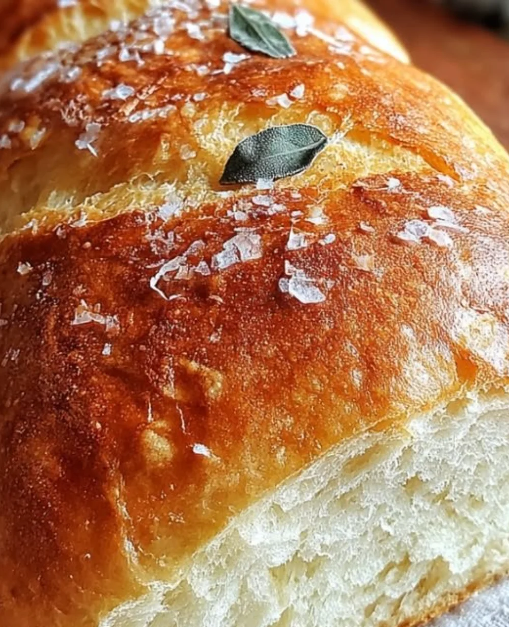 Homemade crusty Italian bread with a golden crust on a wooden cutting board.