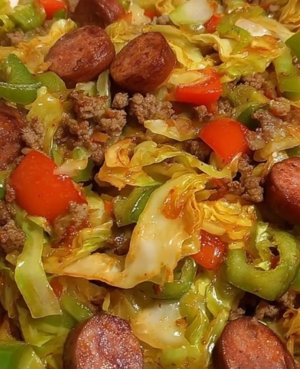 Plate of Dirty Cabbage with Smoked Turkey Sausages garnished with herbs