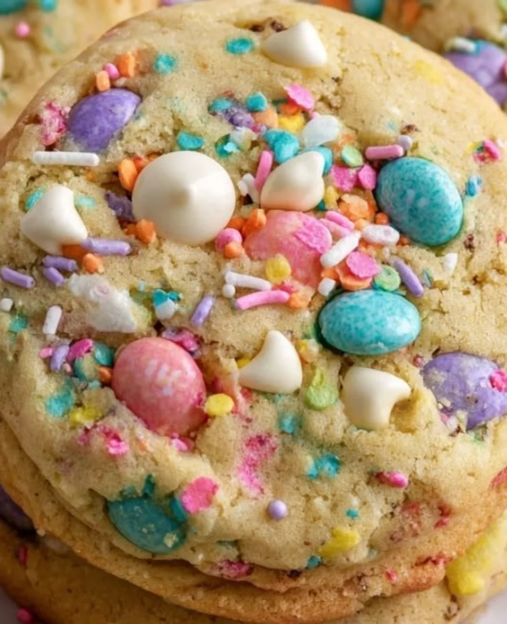 A variety of colorful Easter cookies shaped like eggs and bunnies