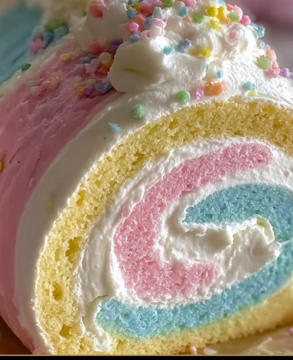 Easter pastel striped cake roll decorated for a festive celebration