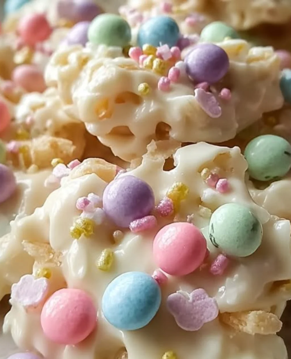 Easter white chocolate candy clusters decorated with pastel colors and sprinkles