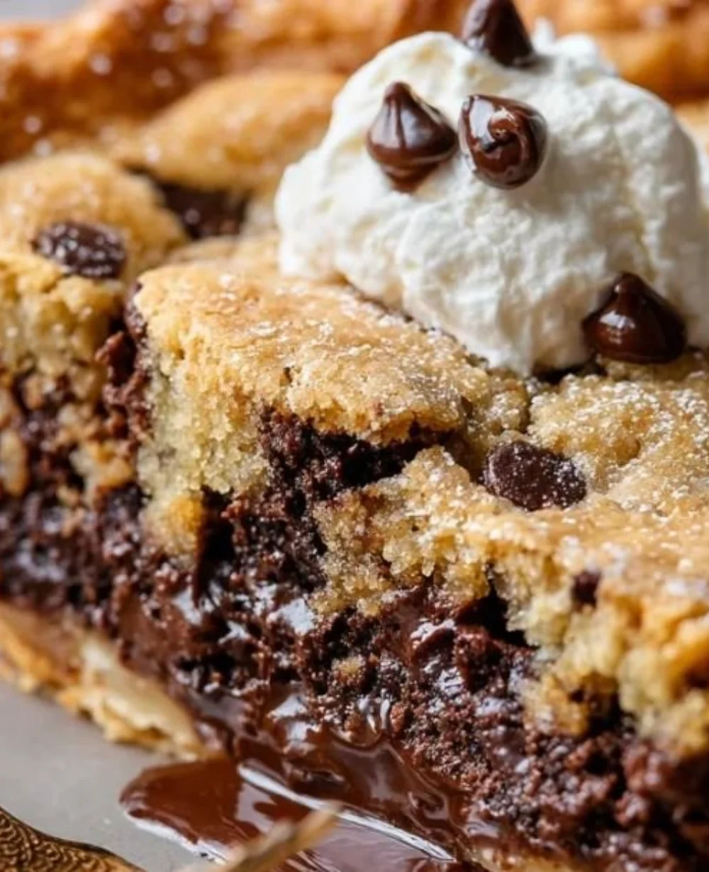 Delicious slice of easy chocolate chip cookie pie topped with chocolate chips.