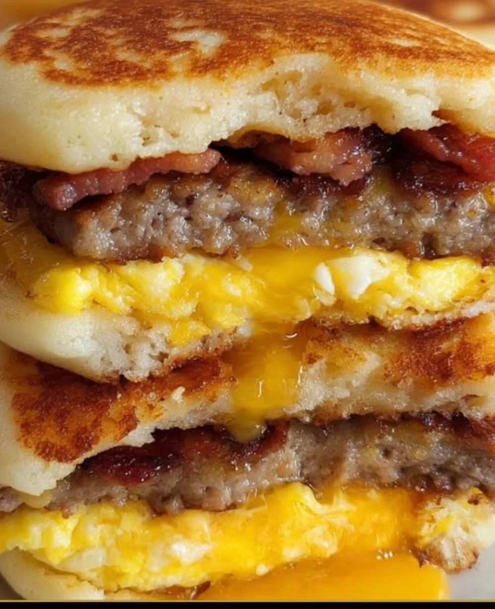 Homemade McGriddle sandwiches with syrup, perfect for breakfast.