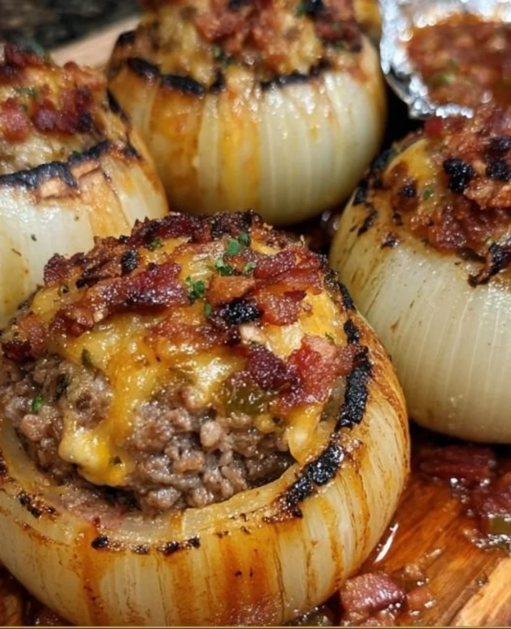 Firecracker Bacon Cheddar Cheeseburger Stuffed Onion Bombs filled with cheese and bacon.